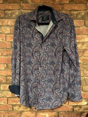 Society of Threads Men’s M Paisley Button Down Shirt Blue Burgundy Floral Dress